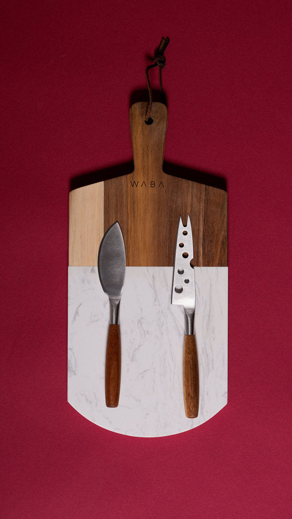 LV14 Cheese Knife Set 2 Pcs W Marble Cutboard